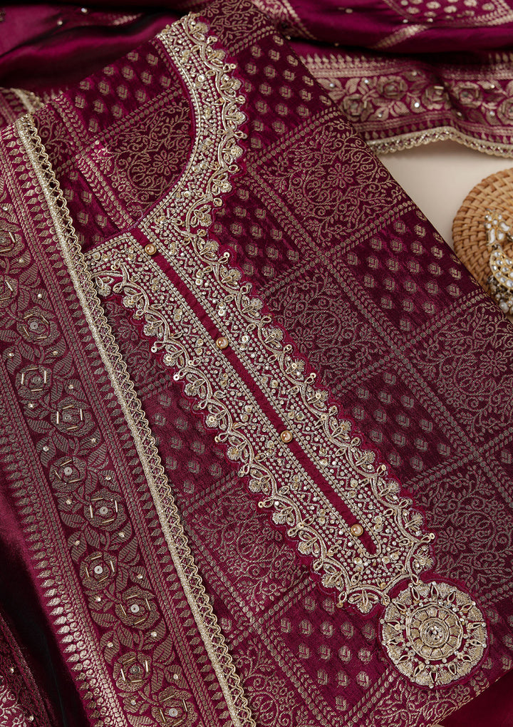 Wine Dola Silk Bandhej Gold Zariwork Unstitched Dress Material With Matching Bottom And Dupatta