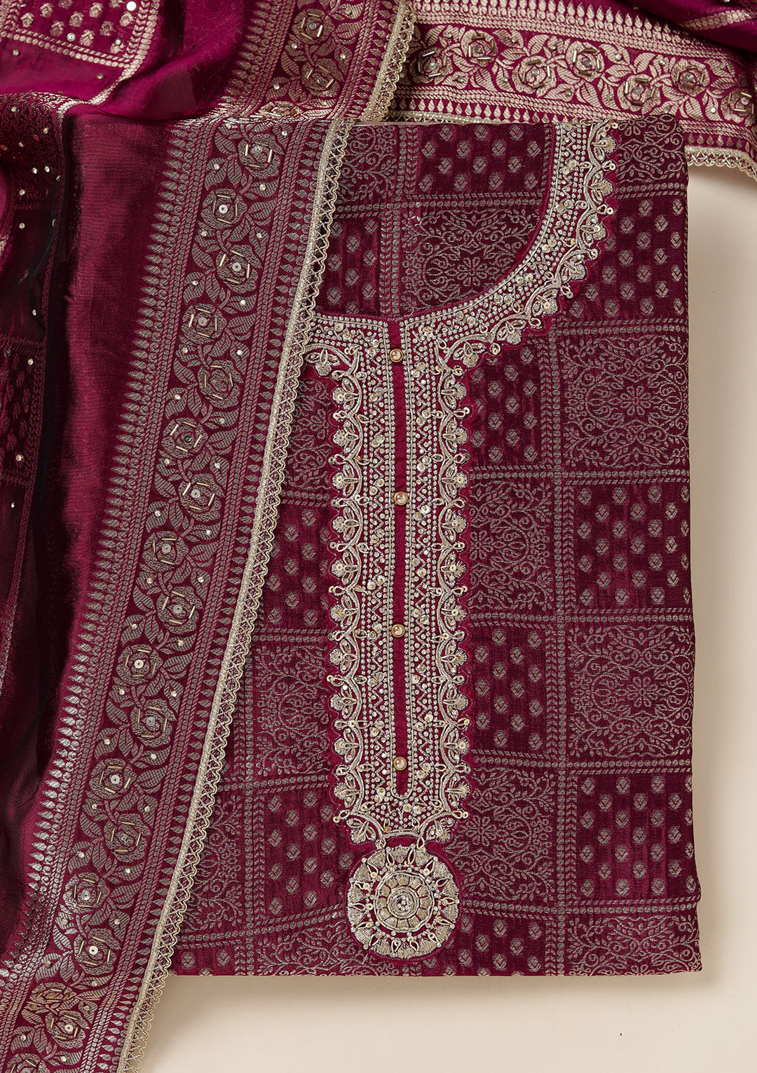Wine Dola Silk Bandhej Gold Zariwork Unstitched Dress Material With Matching Bottom And Dupatta