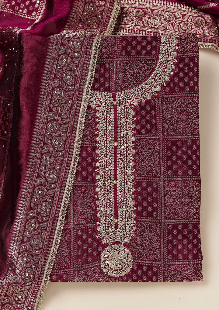 Wine Dola Silk Bandhej Gold Zariwork Unstitched Dress Material With Matching Bottom And Dupatta