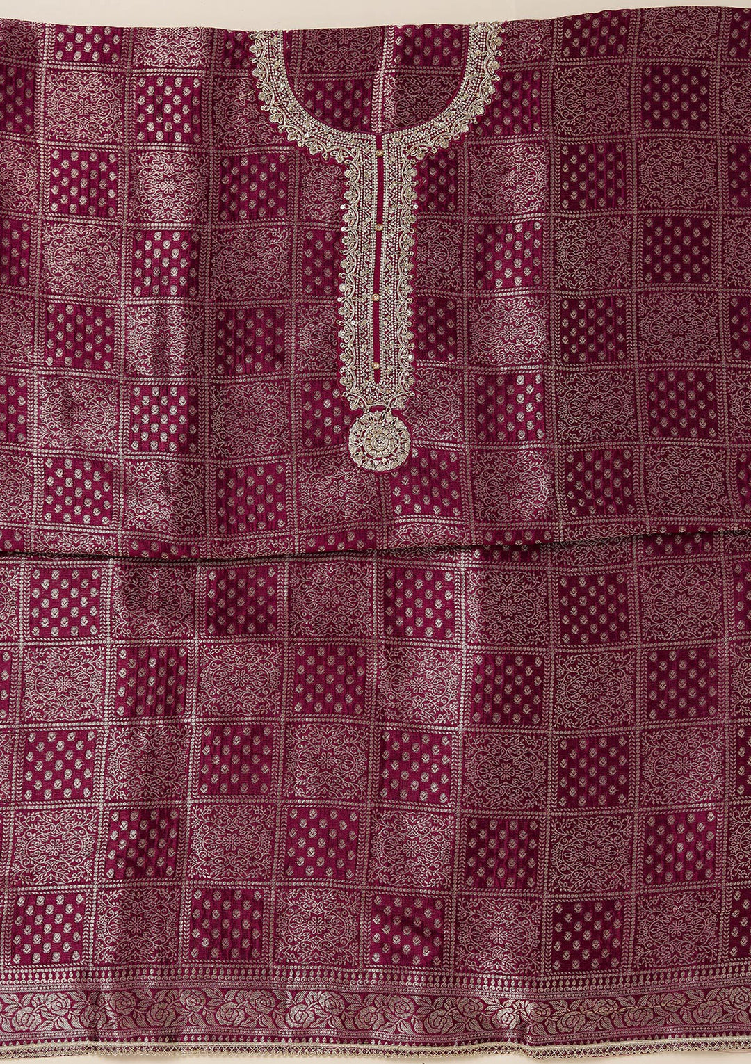 Wine Dola Silk Bandhej Gold Zariwork Unstitched Dress Material With Matching Bottom And Dupatta