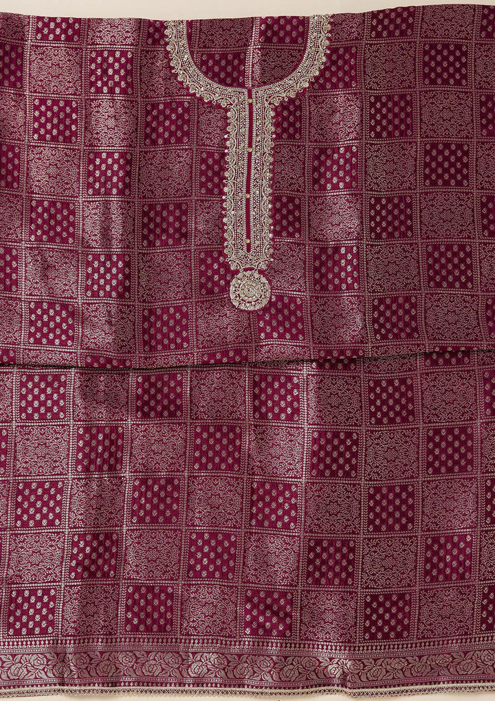 Wine Dola Silk Bandhej Gold Zariwork Unstitched Dress Material With Matching Bottom And Dupatta