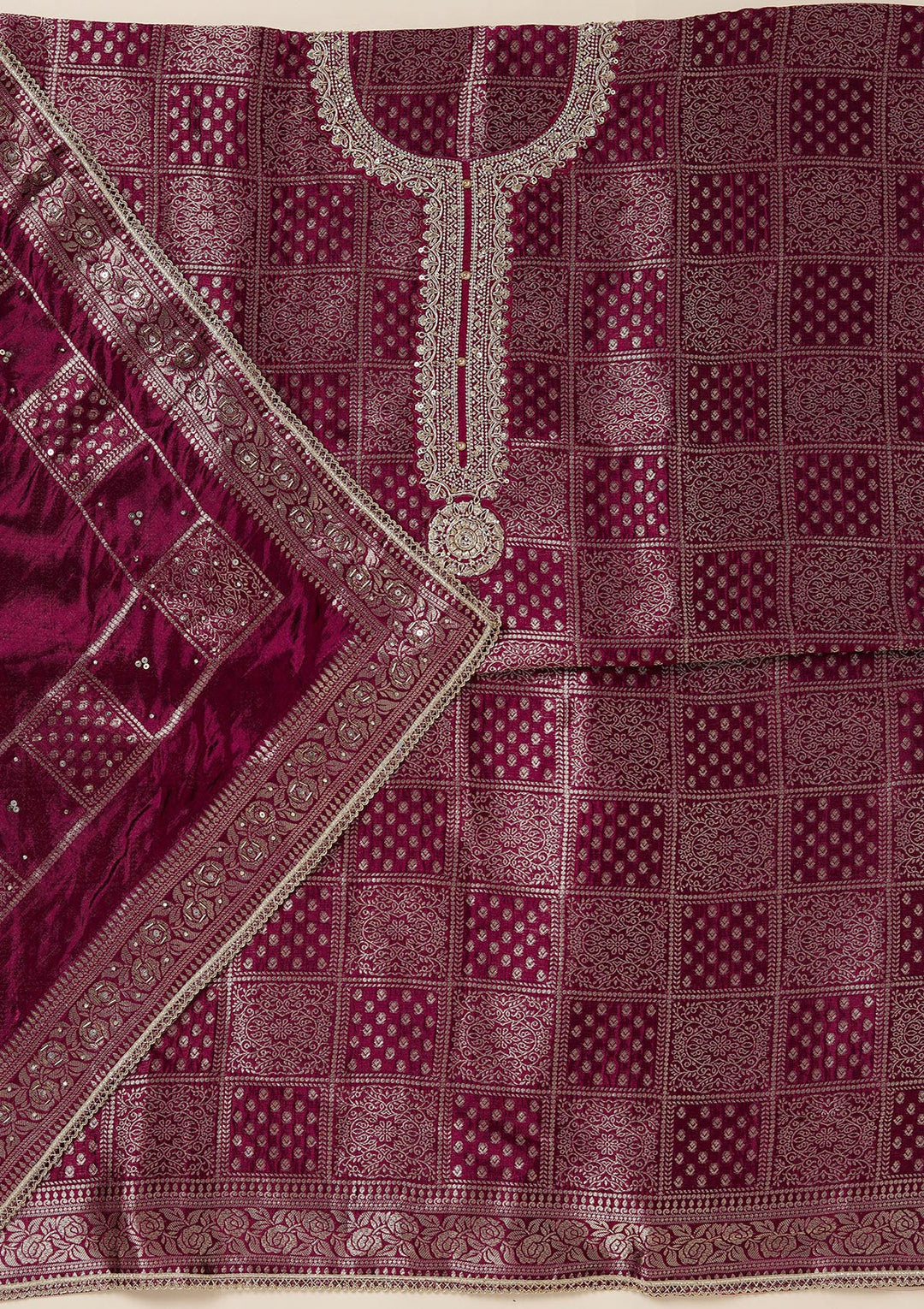Wine Dola Silk Bandhej Gold Zariwork Unstitched Dress Material With Matching Bottom And Dupatta