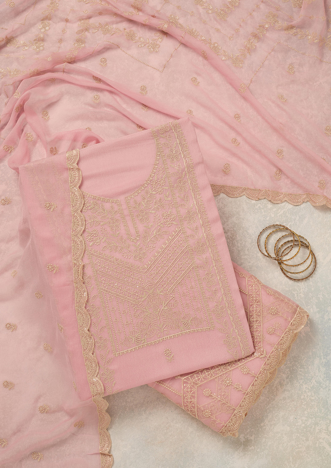 Baby Pink Chinon Threadwork Unstitched Dress Material With Matching Bottom And Dupatta
