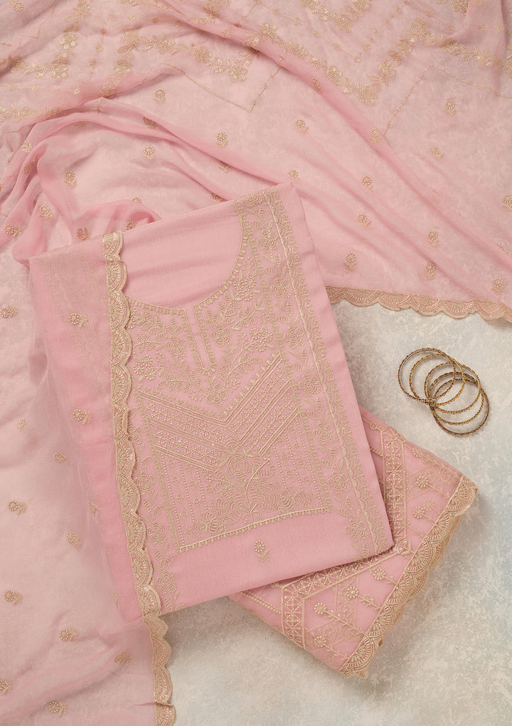 Baby Pink Chinon Threadwork Unstitched Dress Material With Matching Bottom And Dupatta