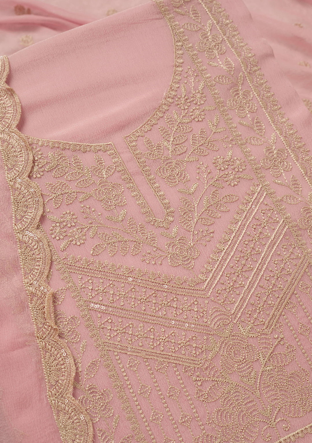 Baby Pink Chinon Threadwork Unstitched Dress Material With Matching Bottom And Dupatta