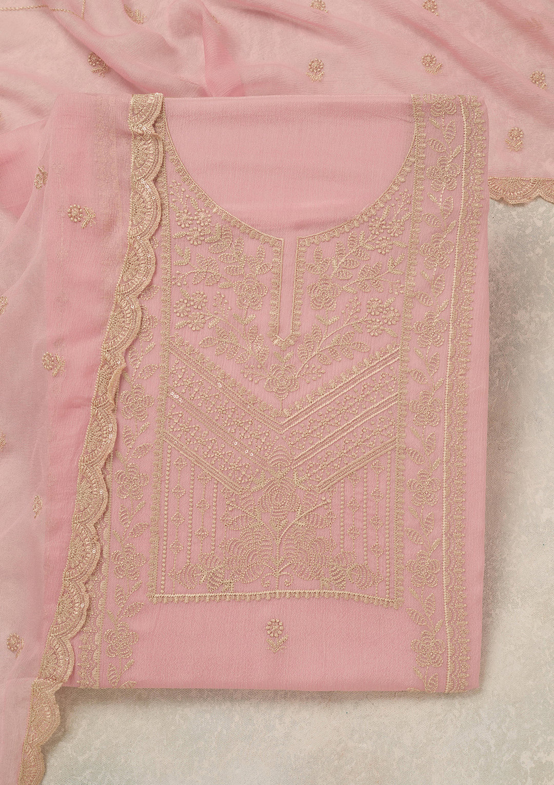 Baby Pink Chinon Threadwork Unstitched Dress Material With Matching Bottom And Dupatta
