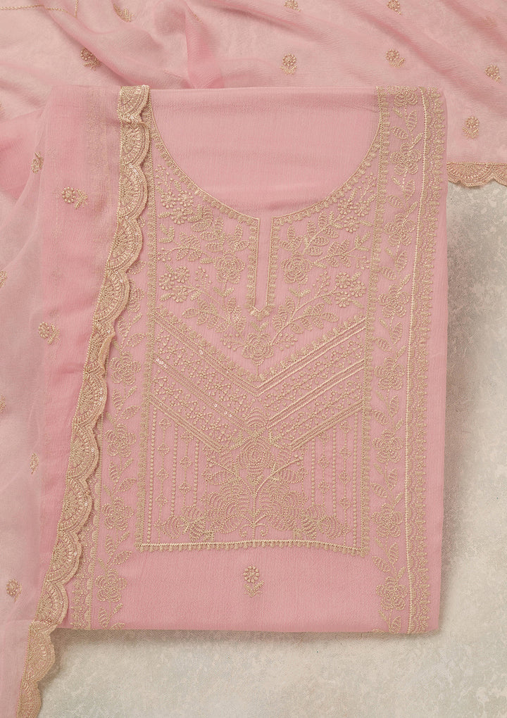 Baby Pink Chinon Threadwork Unstitched Dress Material With Matching Bottom And Dupatta