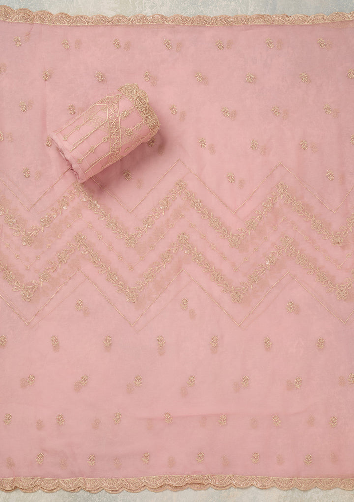 Baby Pink Chinon Threadwork Unstitched Dress Material With Matching Bottom And Dupatta