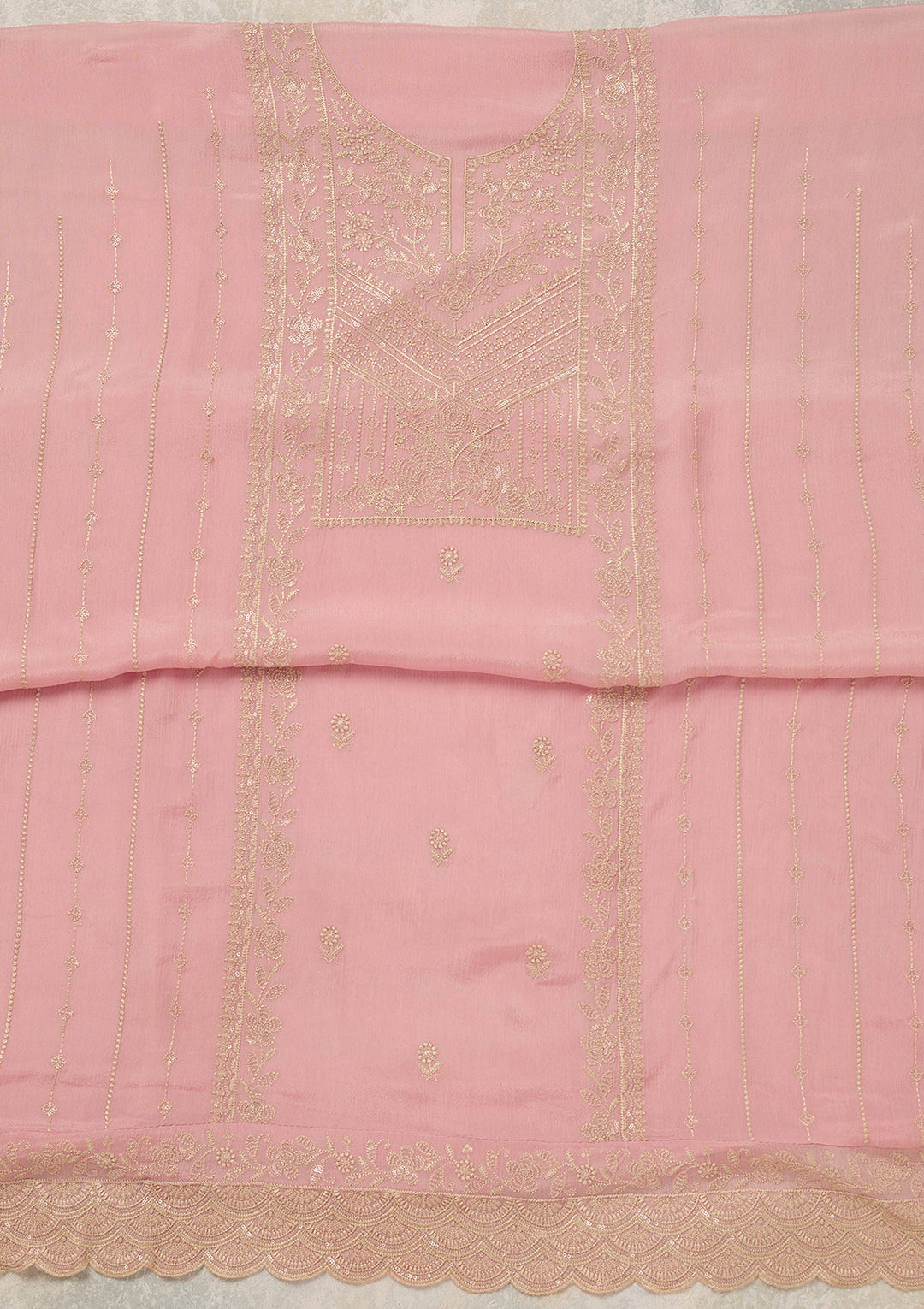 Baby Pink Chinon Threadwork Unstitched Dress Material With Matching Bottom And Dupatta