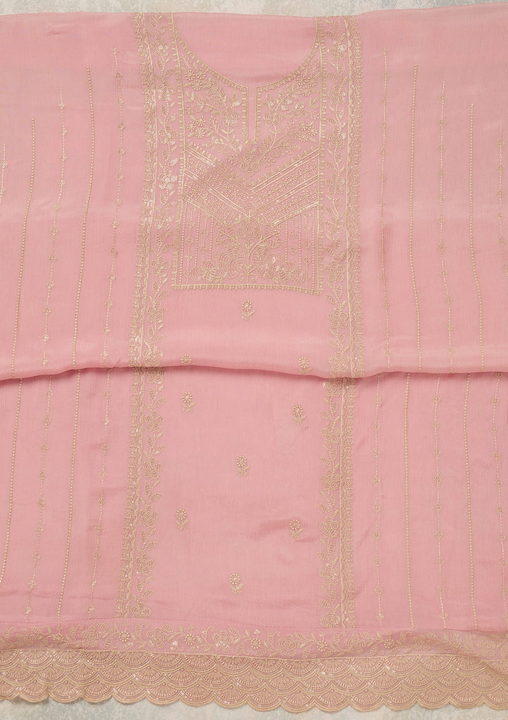 Baby Pink Chinon Threadwork Unstitched Dress Material With Matching Bottom And Dupatta