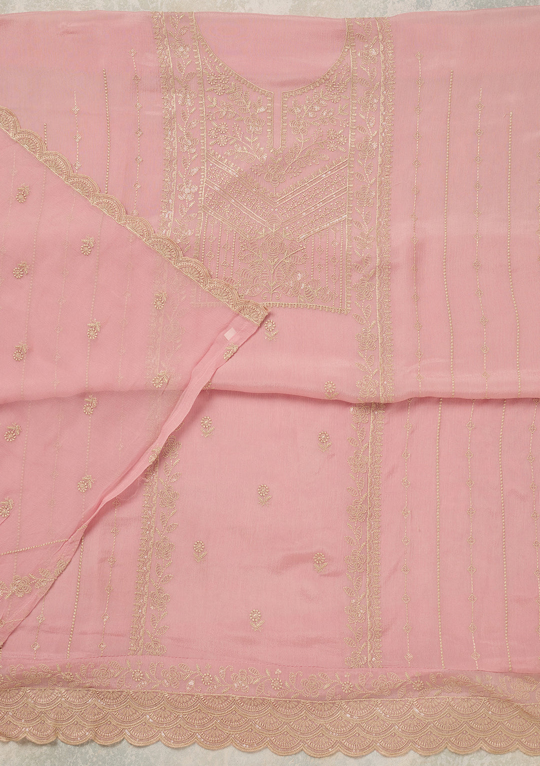 Baby Pink Chinon Threadwork Unstitched Dress Material With Matching Bottom And Dupatta