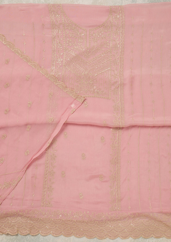 Baby Pink Chinon Threadwork Unstitched Dress Material With Matching Bottom And Dupatta
