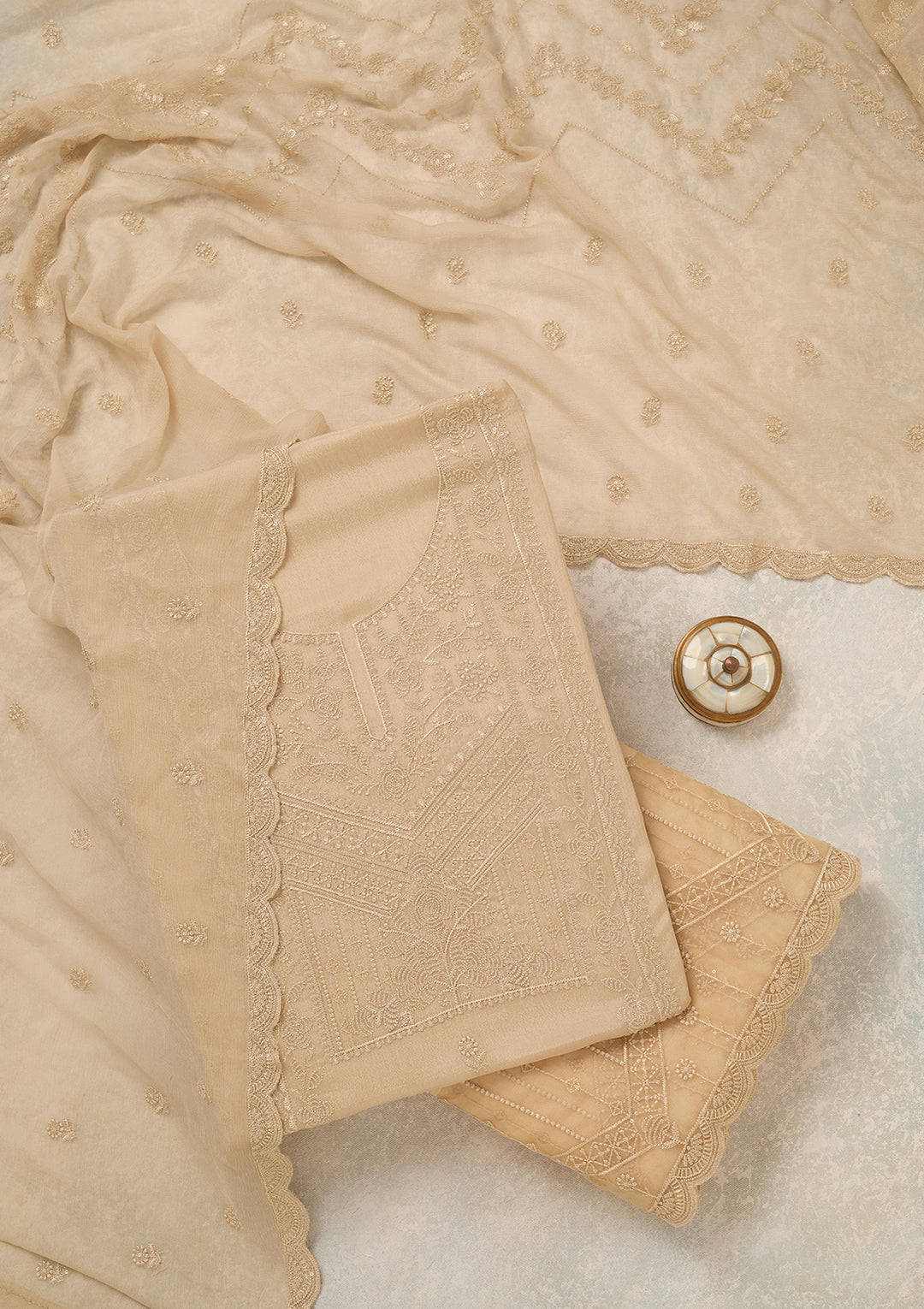 Beige Chinon Threadwork Unstitched Dress Material With Matching Bottom And Dupatta