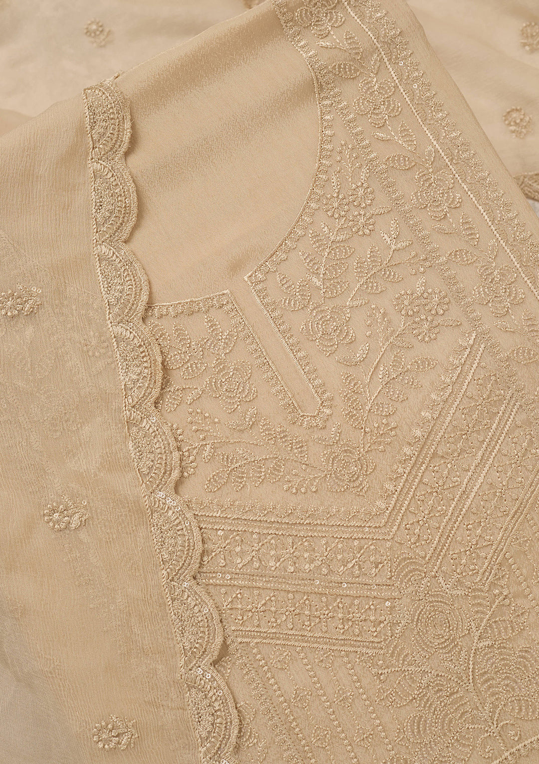 Beige Chinon Threadwork Unstitched Dress Material With Matching Bottom And Dupatta