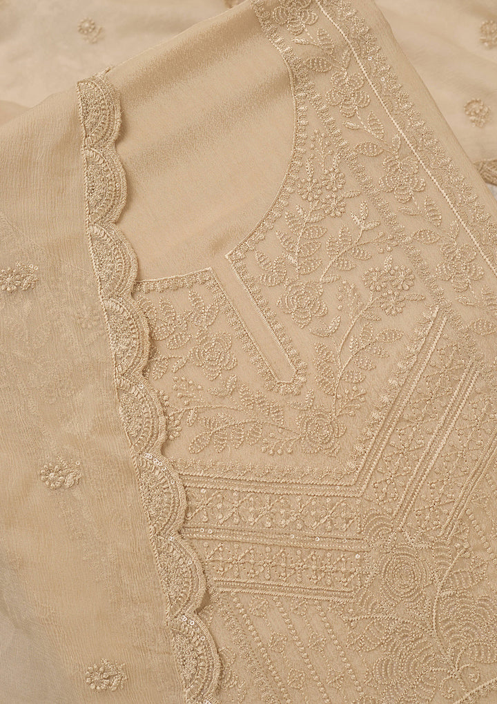 Beige Chinon Threadwork Unstitched Dress Material With Matching Bottom And Dupatta