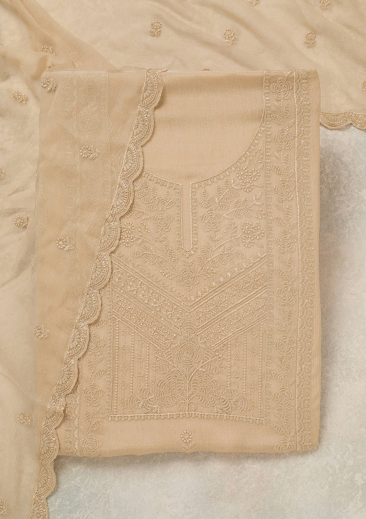 Beige Chinon Threadwork Unstitched Dress Material With Matching Bottom And Dupatta