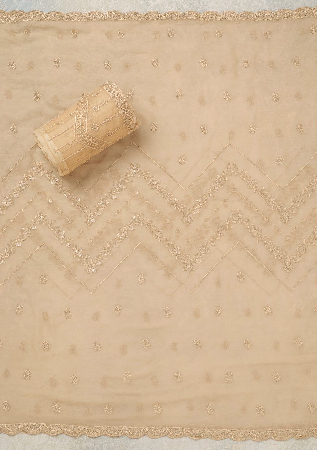Beige Chinon Threadwork Unstitched Dress Material With Matching Bottom And Dupatta
