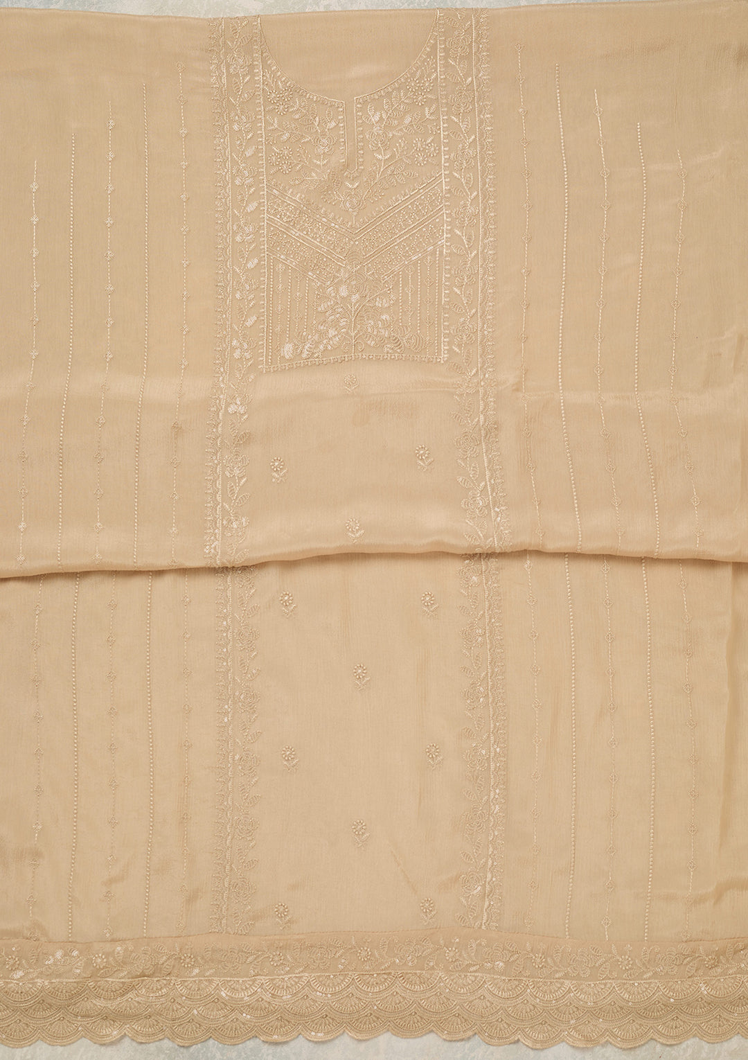 Beige Chinon Threadwork Unstitched Dress Material With Matching Bottom And Dupatta
