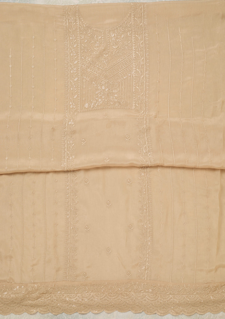 Beige Chinon Threadwork Unstitched Dress Material With Matching Bottom And Dupatta