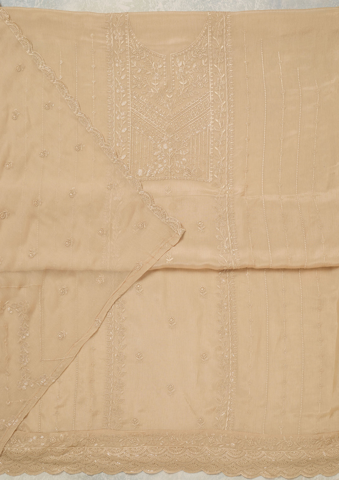Beige Chinon Threadwork Unstitched Dress Material With Matching Bottom And Dupatta