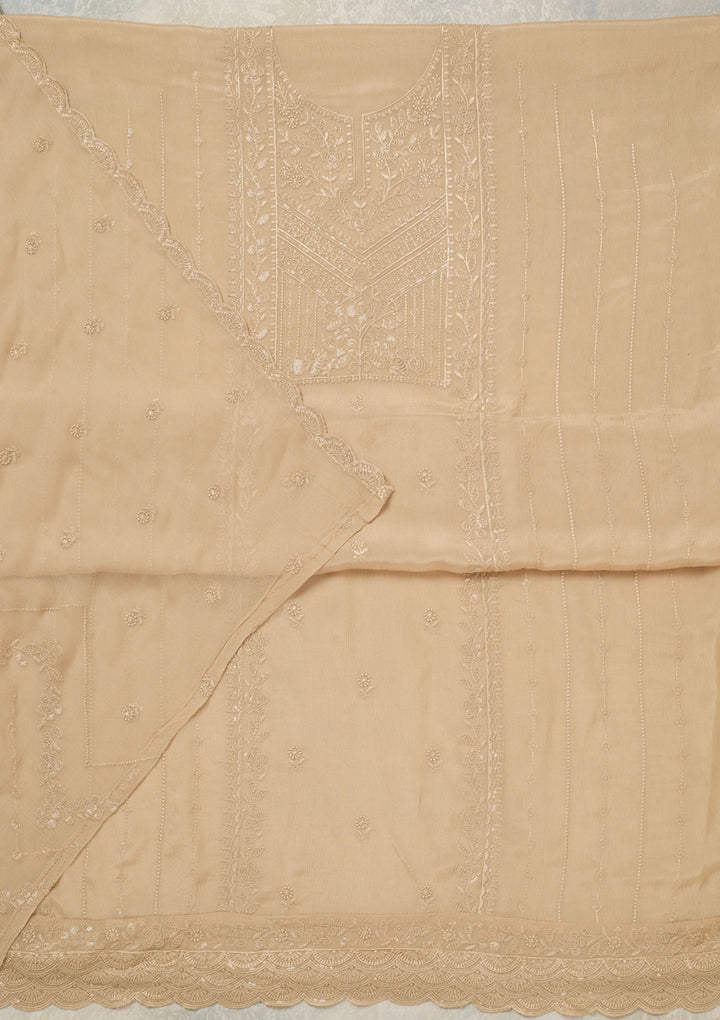 Beige Chinon Threadwork Unstitched Dress Material With Matching Bottom And Dupatta