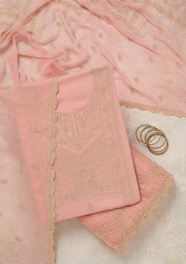 Peach Chinon Threadwork Unstitched Dress Material With Matching Bottom And Dupatta