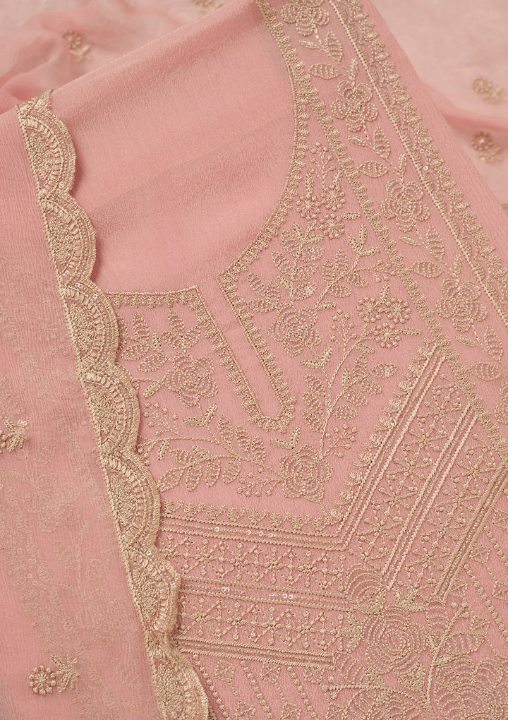 Peach Chinon Threadwork Unstitched Dress Material With Matching Bottom And Dupatta