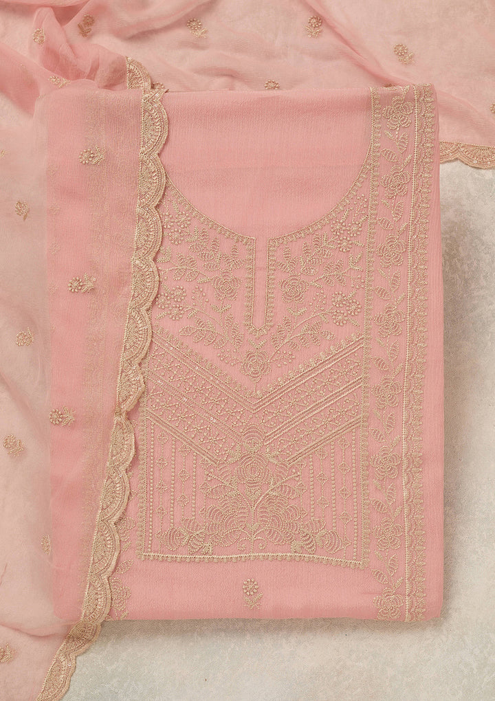 Peach Chinon Threadwork Unstitched Dress Material With Matching Bottom And Dupatta