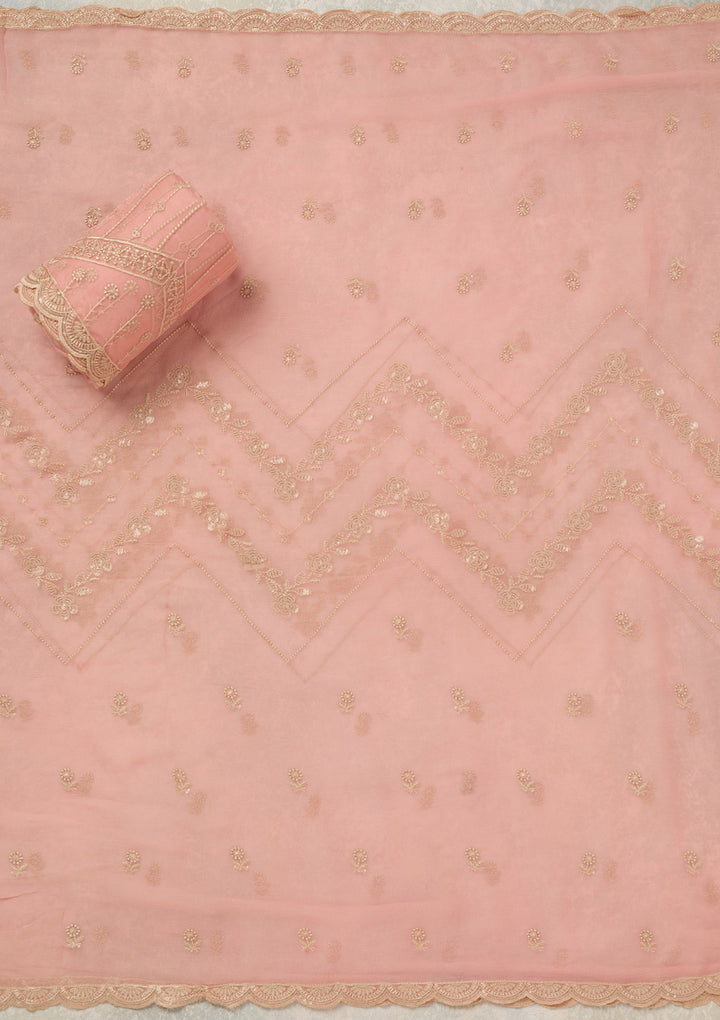 Peach Chinon Threadwork Unstitched Dress Material With Matching Bottom And Dupatta
