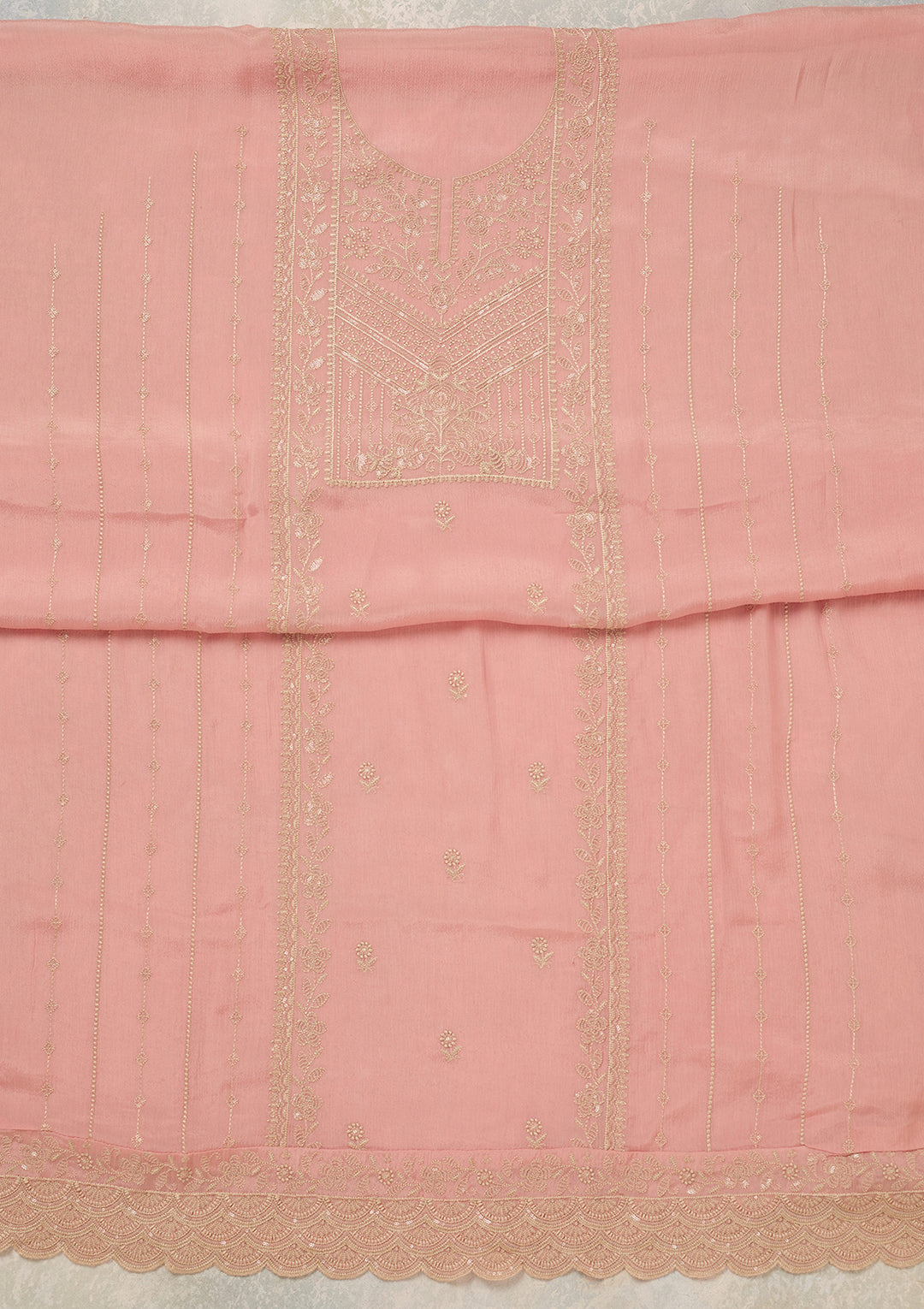 Peach Chinon Threadwork Unstitched Dress Material With Matching Bottom And Dupatta