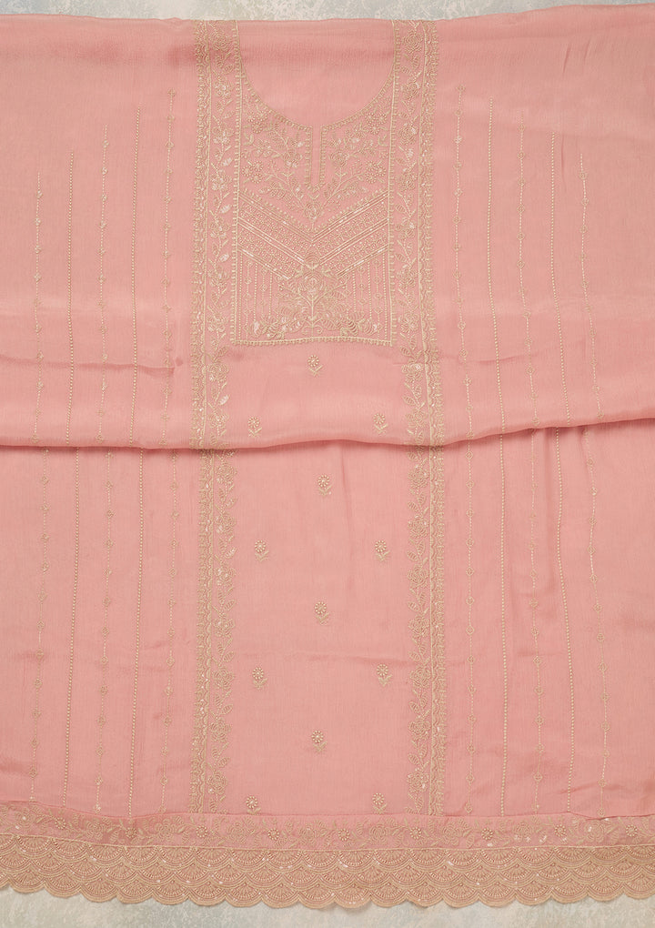 Peach Chinon Threadwork Unstitched Dress Material With Matching Bottom And Dupatta