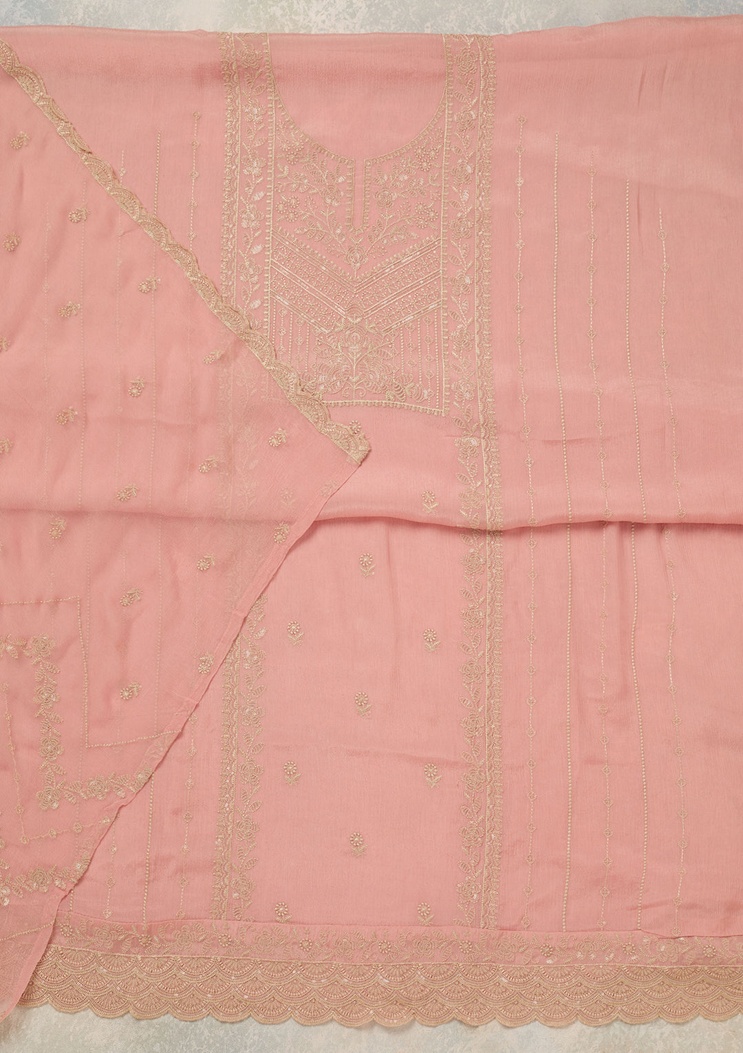 Peach Chinon Threadwork Unstitched Dress Material With Matching Bottom And Dupatta