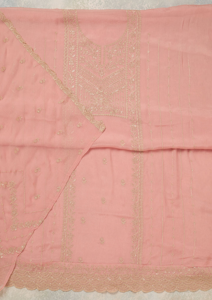 Peach Chinon Threadwork Unstitched Dress Material With Matching Bottom And Dupatta