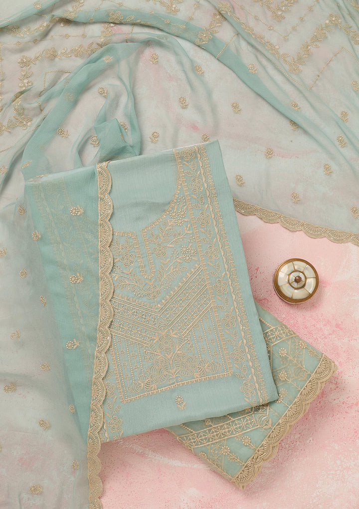 Sky Blue Chinon Threadwork Unstitched Dress Material With Matching Bottom And Dupatta