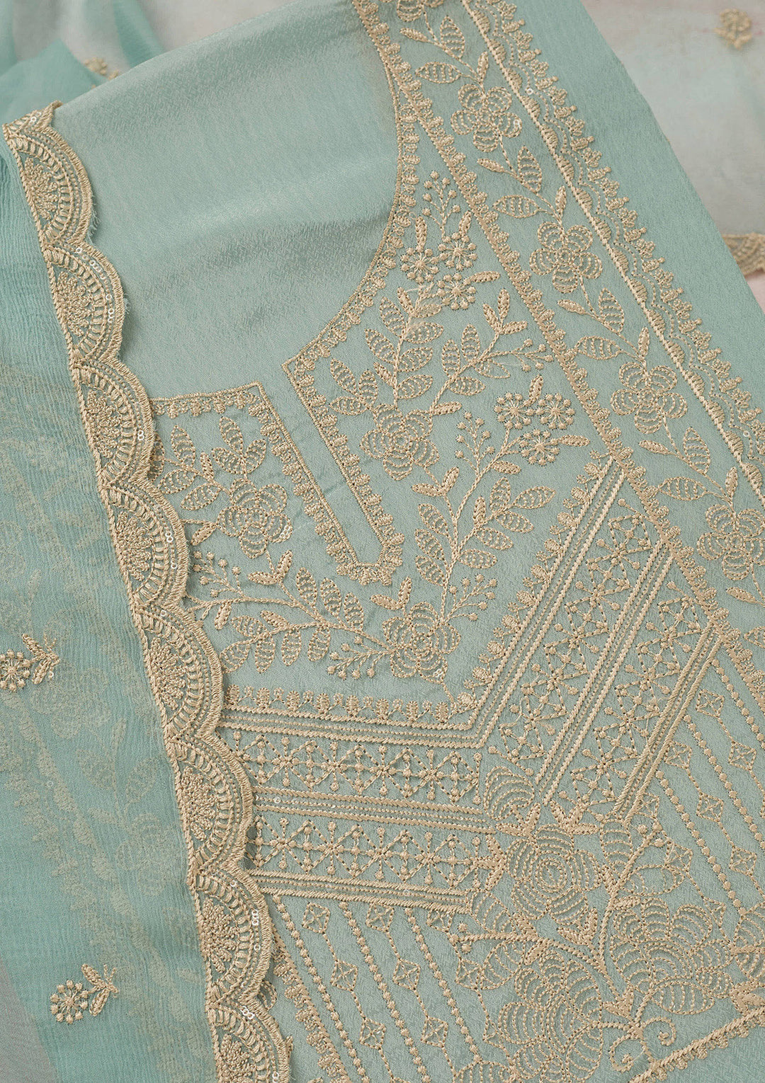 Sky Blue Chinon Threadwork Unstitched Dress Material With Matching Bottom And Dupatta