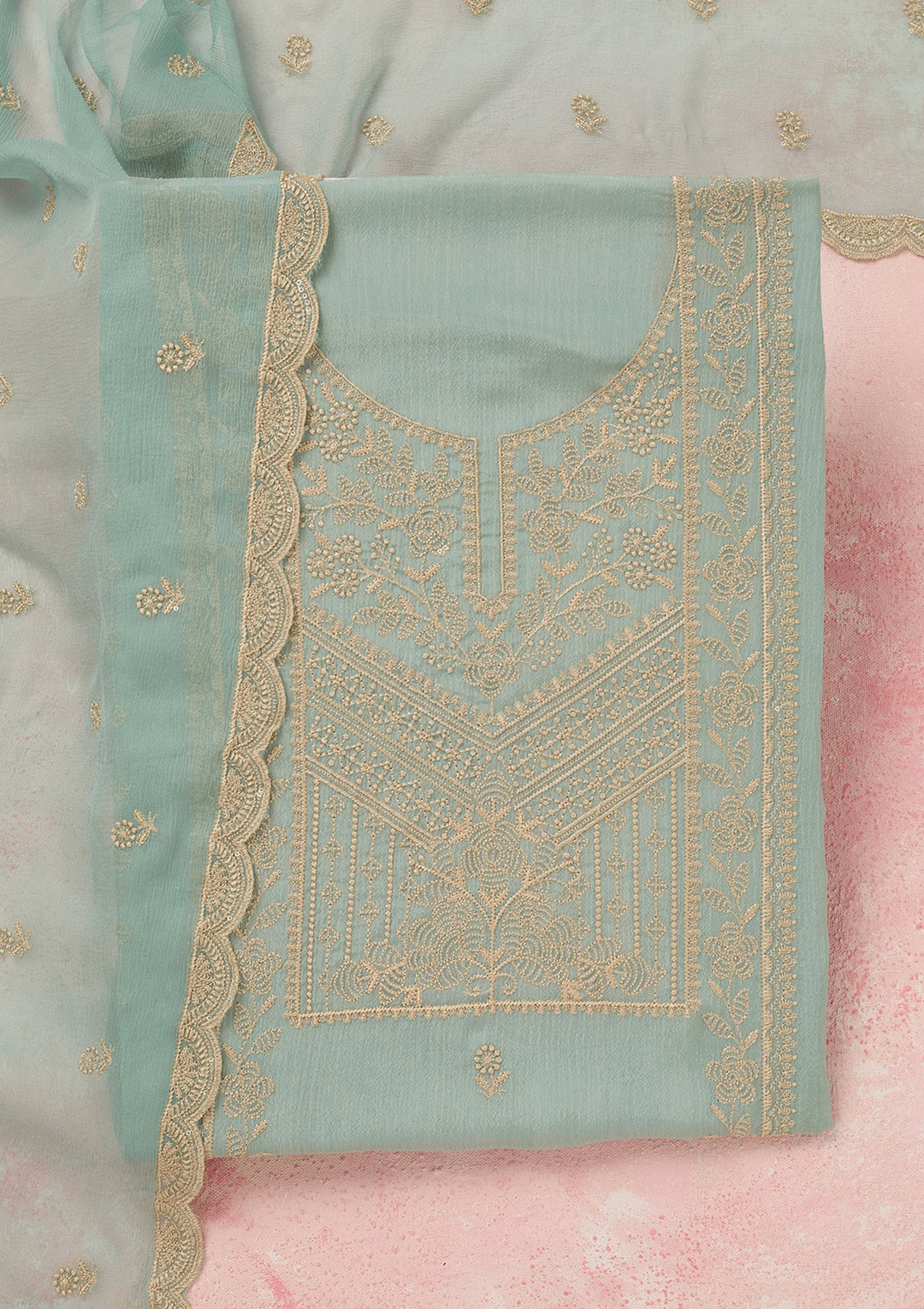Sky Blue Chinon Threadwork Unstitched Dress Material With Matching Bottom And Dupatta