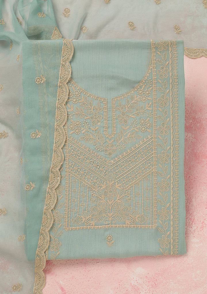 Sky Blue Chinon Threadwork Unstitched Dress Material With Matching Bottom And Dupatta