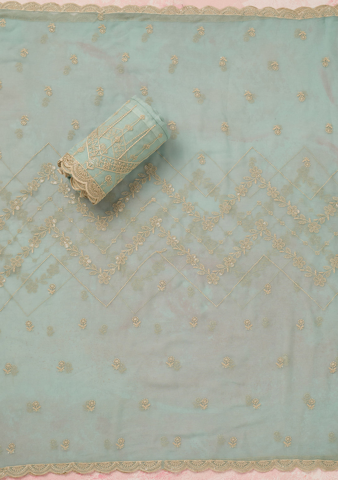 Sky Blue Chinon Threadwork Unstitched Dress Material With Matching Bottom And Dupatta