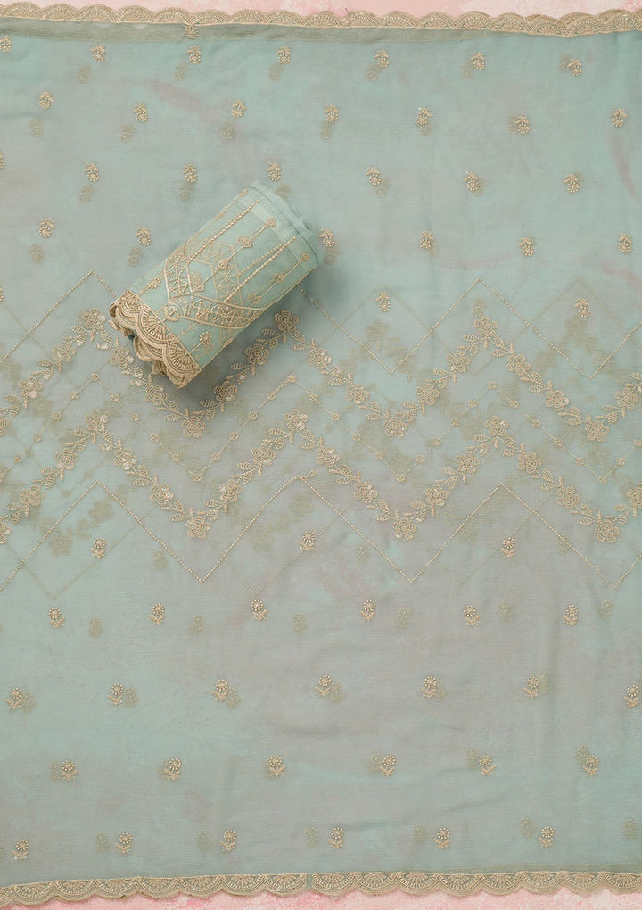 Sky Blue Chinon Threadwork Unstitched Dress Material With Matching Bottom And Dupatta