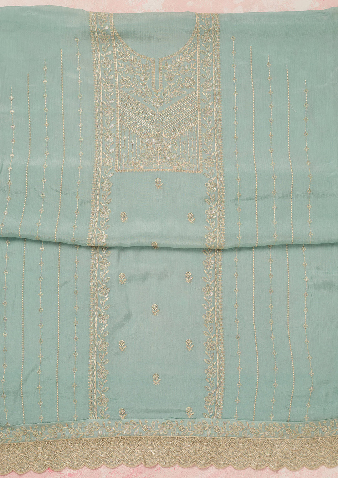 Sky Blue Chinon Threadwork Unstitched Dress Material With Matching Bottom And Dupatta