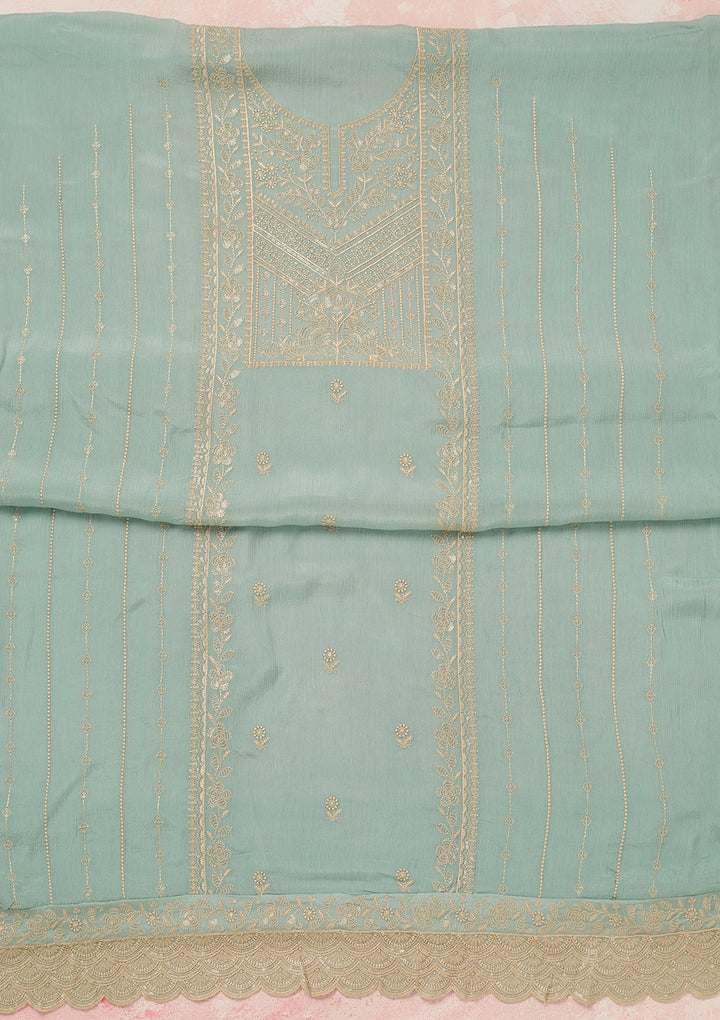Sky Blue Chinon Threadwork Unstitched Dress Material With Matching Bottom And Dupatta