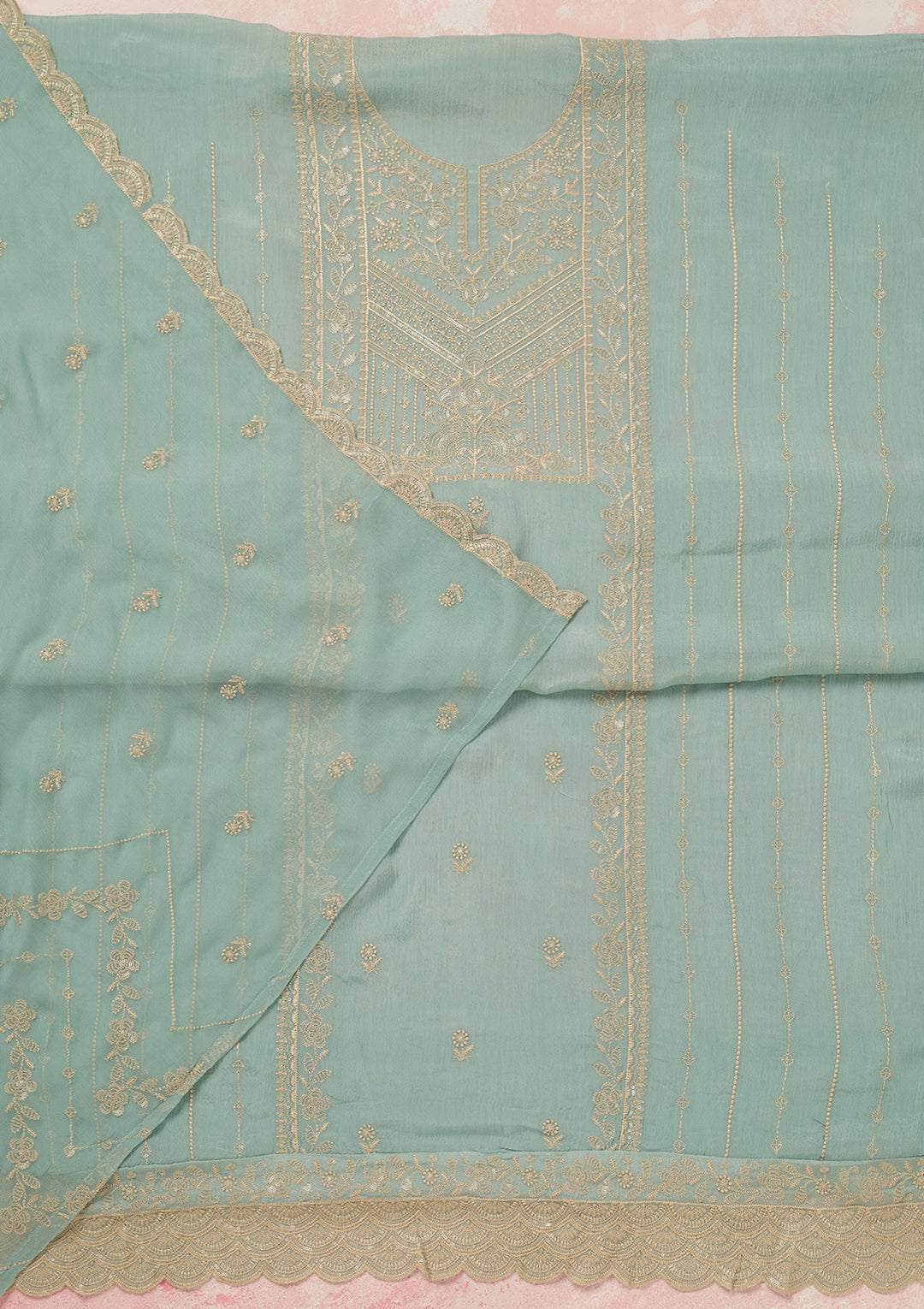 Sky Blue Chinon Threadwork Unstitched Dress Material With Matching Bottom And Dupatta