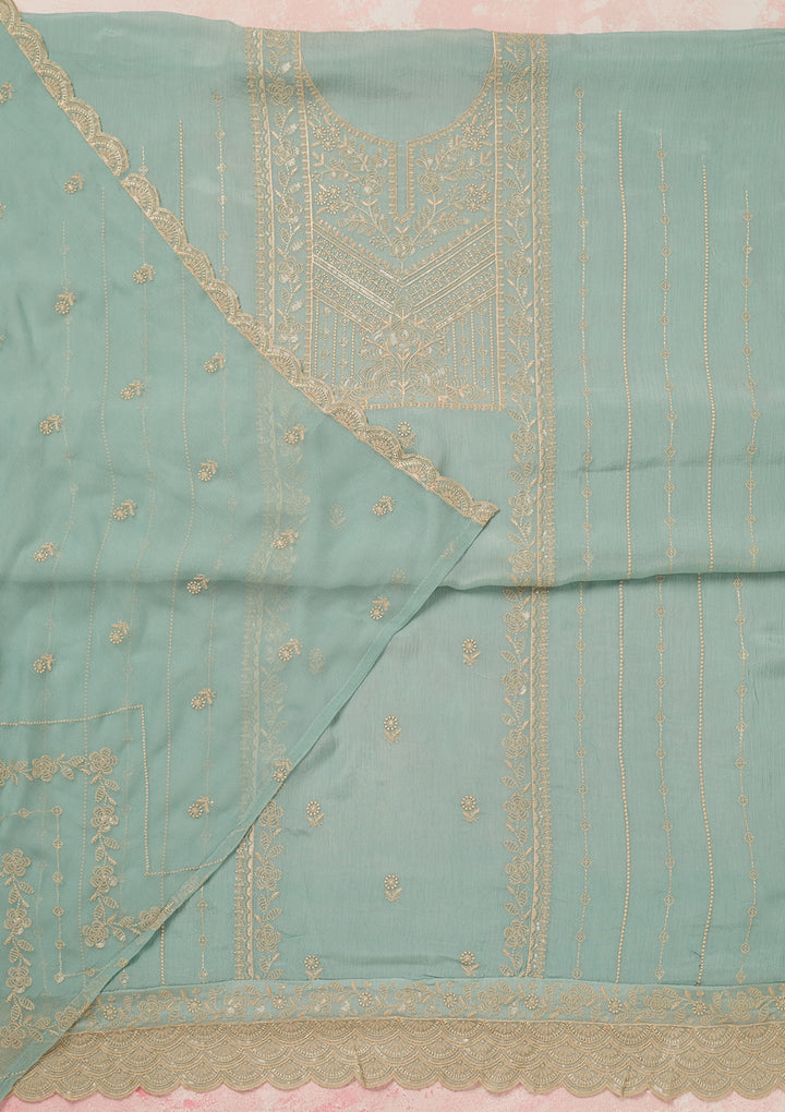 Sky Blue Chinon Threadwork Unstitched Dress Material With Matching Bottom And Dupatta