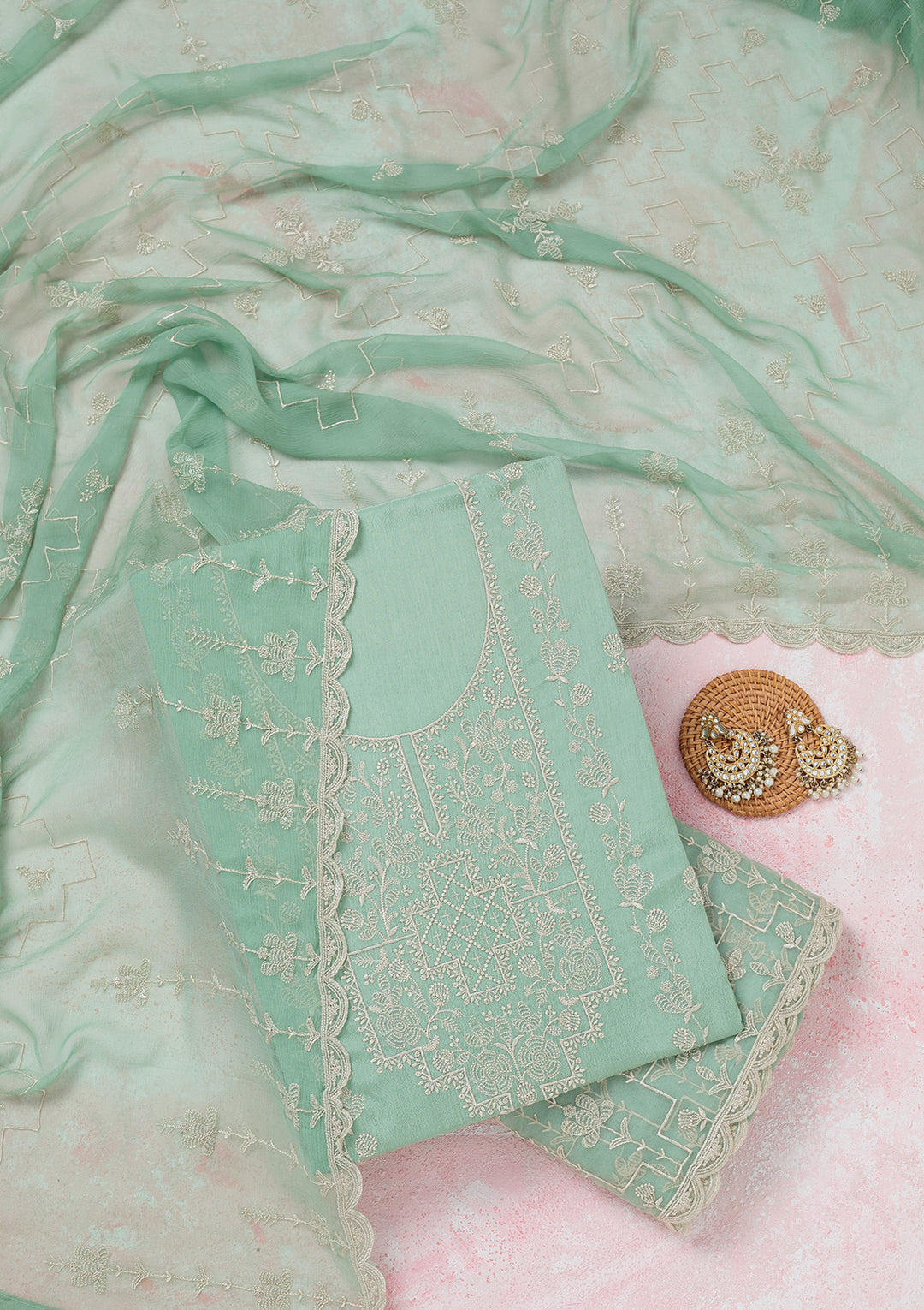 Sea Green Chinon Threadwork Unstitched Dress Material With Matching Bottom And Dupatta