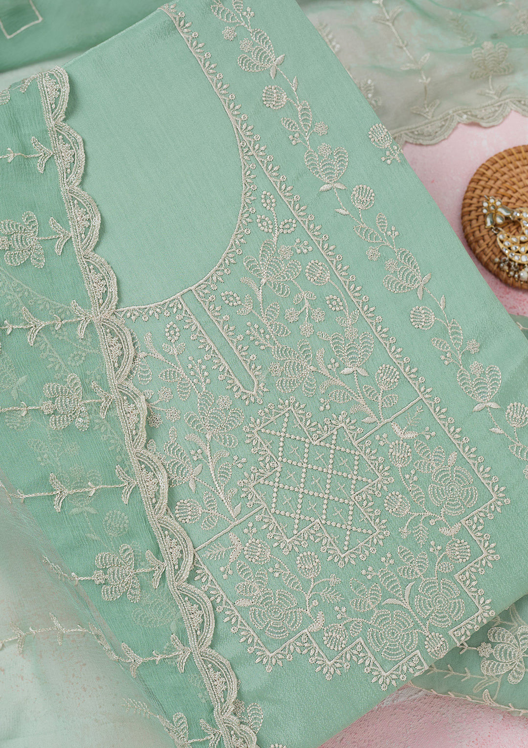 Sea Green Chinon Threadwork Unstitched Dress Material With Matching Bottom And Dupatta