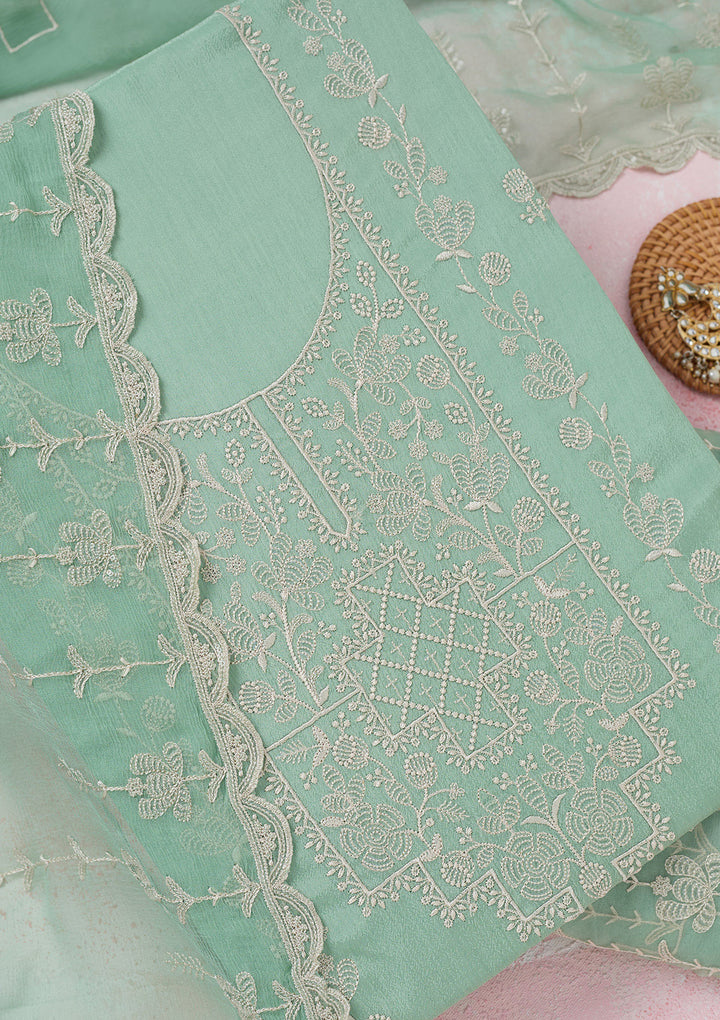 Sea Green Chinon Threadwork Unstitched Dress Material With Matching Bottom And Dupatta