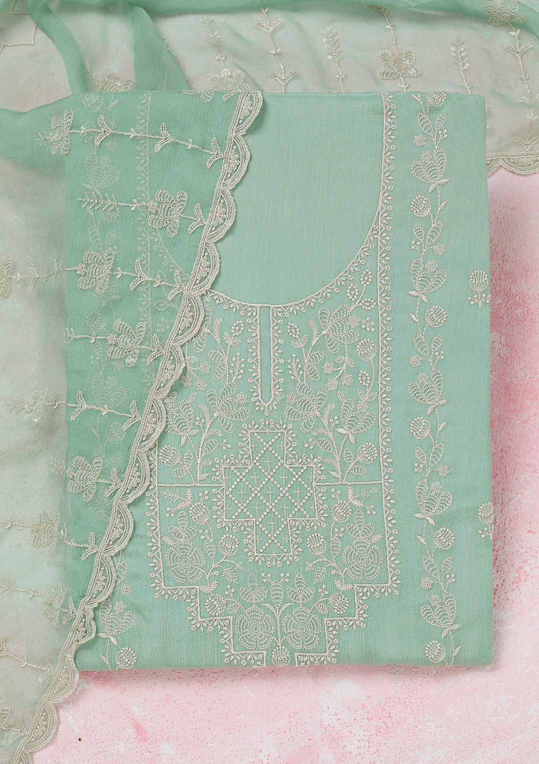 Sea Green Chinon Threadwork Unstitched Dress Material With Matching Bottom And Dupatta
