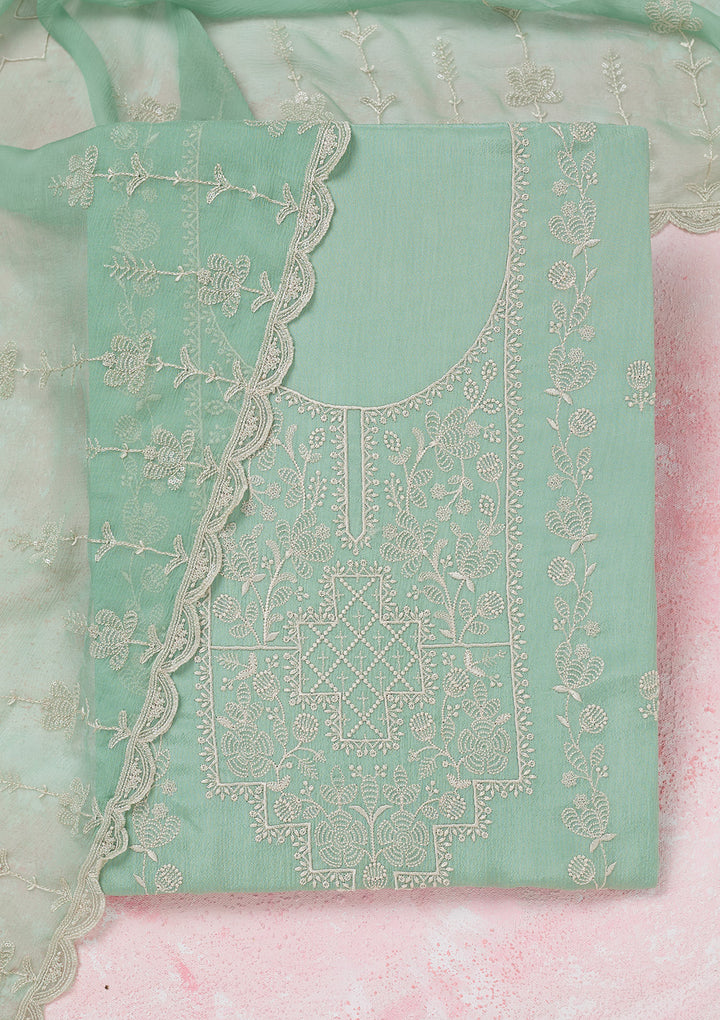 Sea Green Chinon Threadwork Unstitched Dress Material With Matching Bottom And Dupatta
