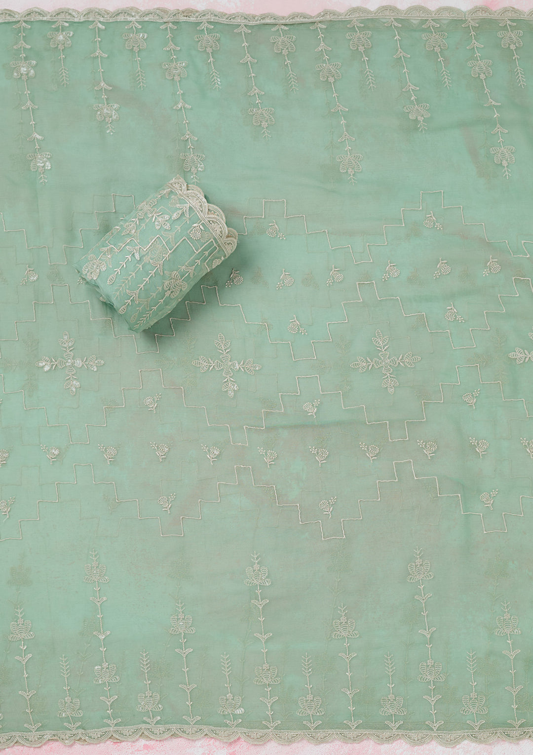 Sea Green Chinon Threadwork Unstitched Dress Material With Matching Bottom And Dupatta