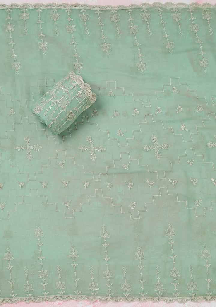 Sea Green Chinon Threadwork Unstitched Dress Material With Matching Bottom And Dupatta